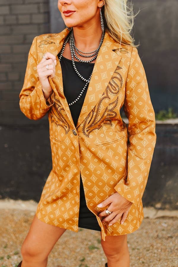 Camel Aztec Boot Stitch Embroidered Blazer