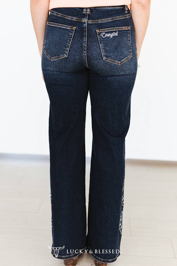 Horse Embroidered High Rise Wide Leg Jeans - Plus Size