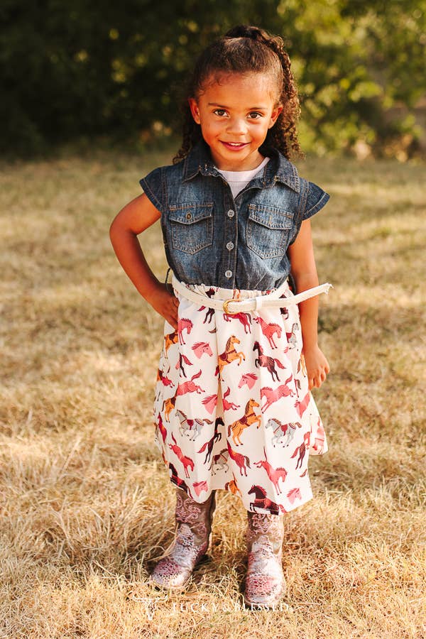 Girls Denim & Horse Printed Dress