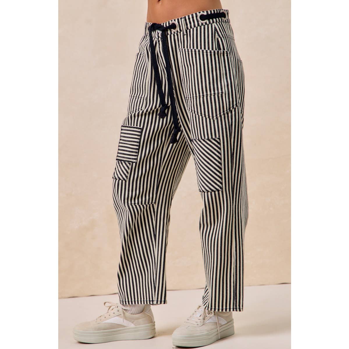 STRIPED TWILL BARREL PANTS: RUST