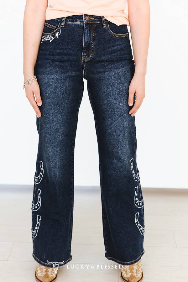 Horse Embroidered High Rise Wide Leg Jeans - Plus Size