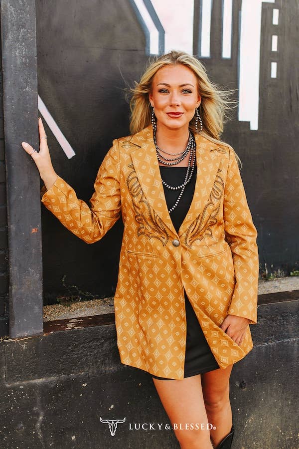 Camel Aztec Boot Stitch Embroidered Blazer