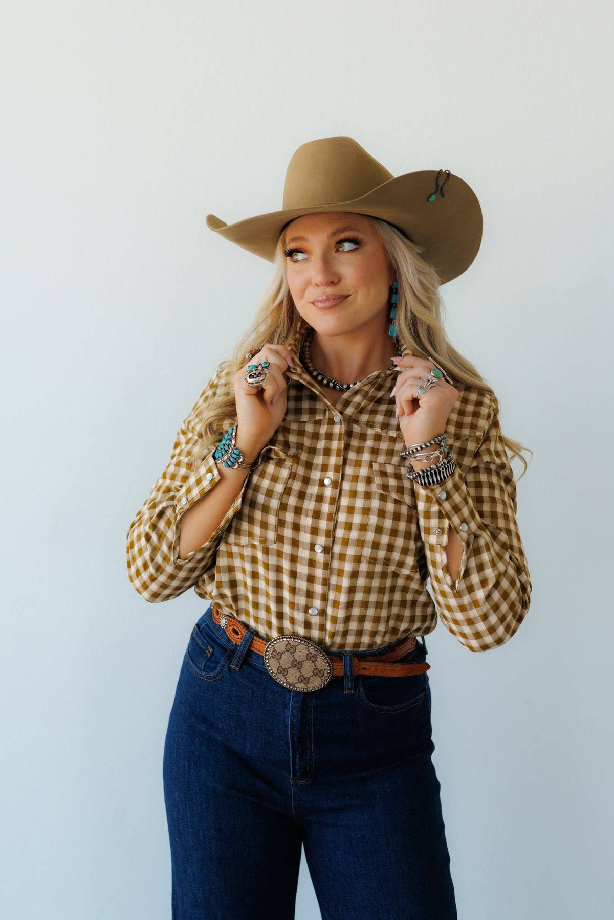 Pearl Snap, Brown/Olive Gingham