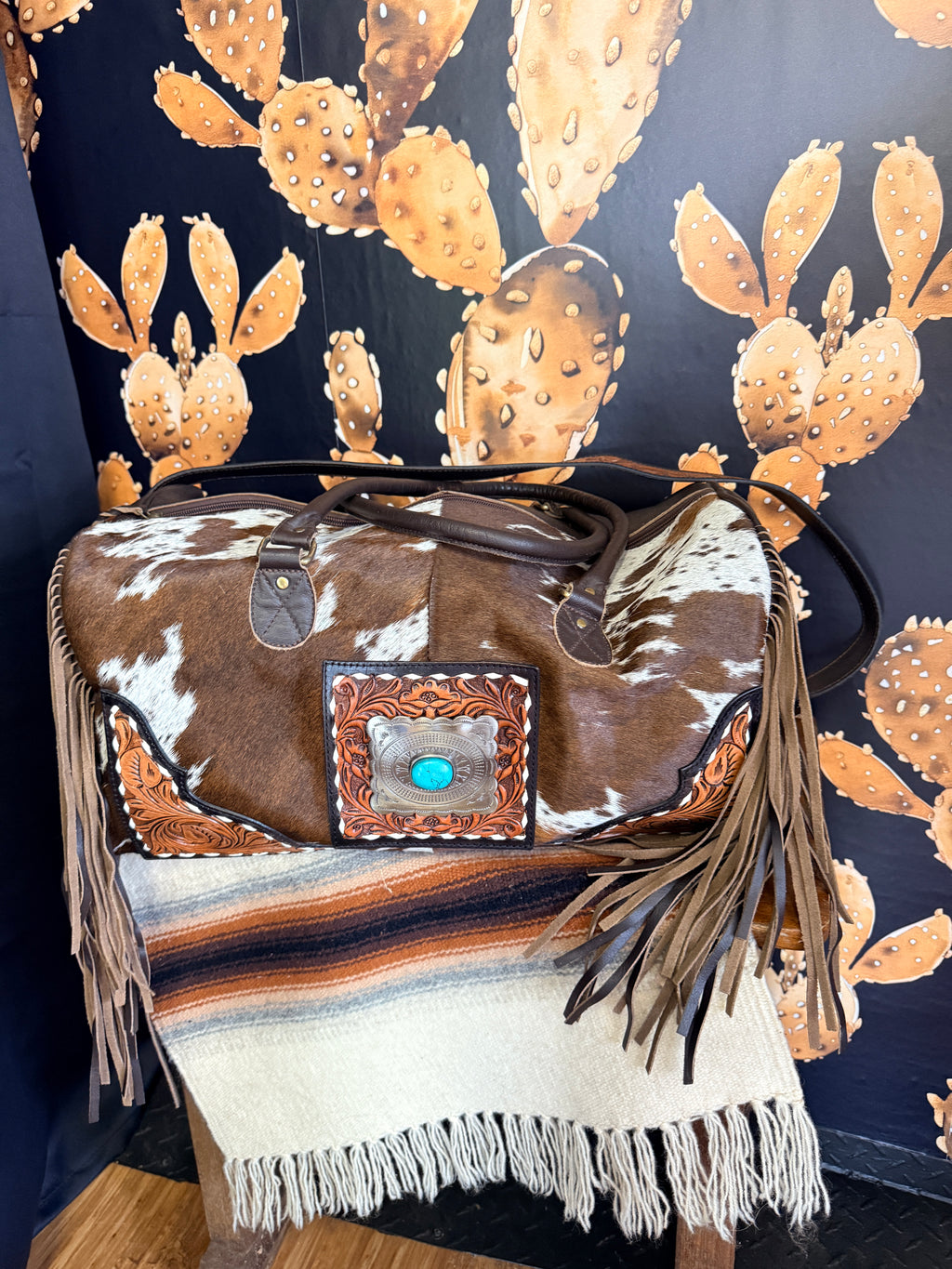 Leather Duffle w/ Cowhide, Fringe, Concho