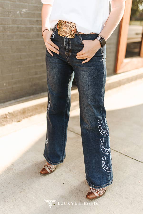 Horse Embroidered High Rise Wide Leg Jeans - Plus Size