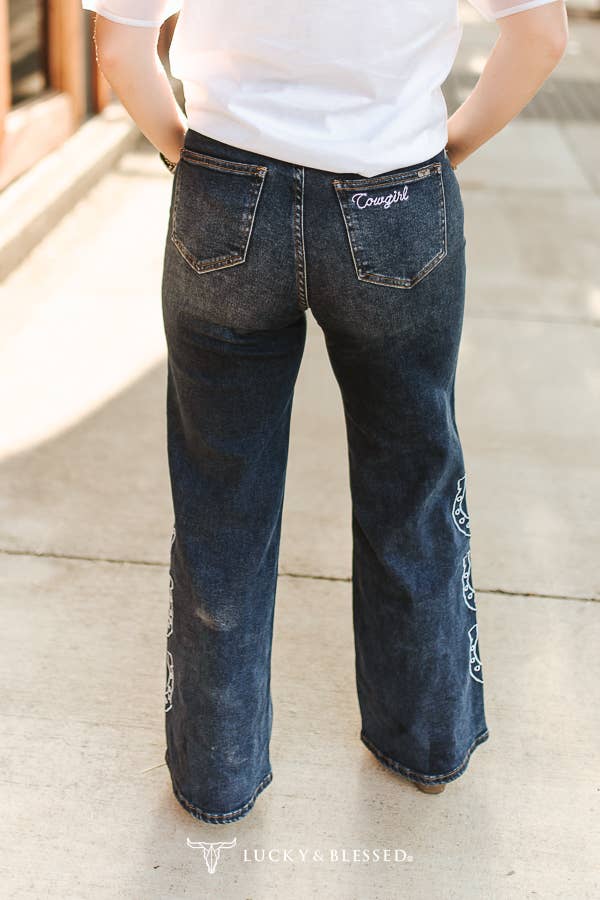 Horse Embroidered High Rise Wide Leg Jeans - Plus Size