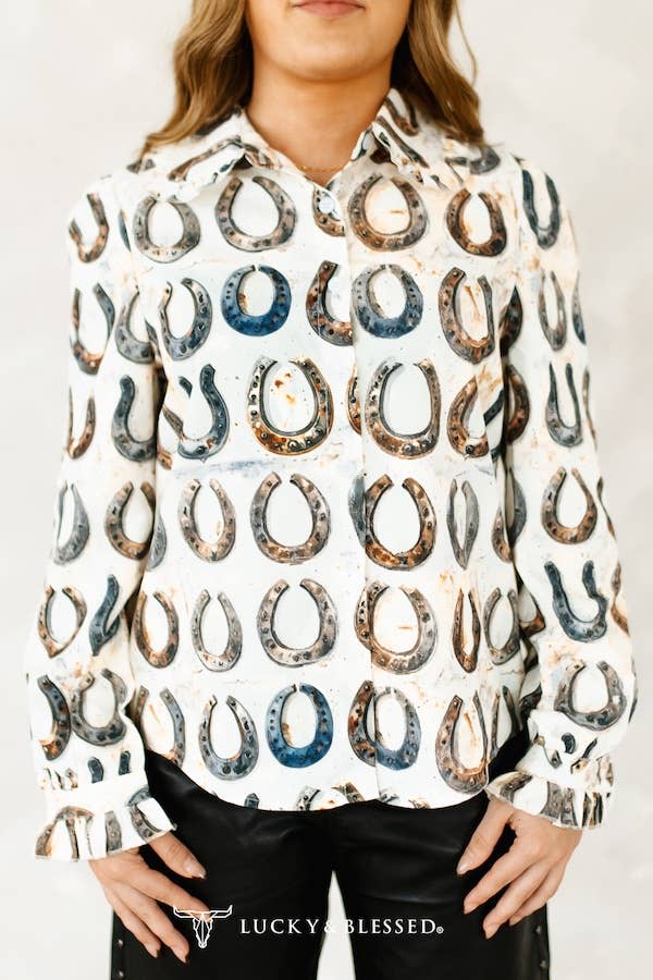 Beige Vintage Horse Shoe Ruffle Collar Long Sleeve Shirt