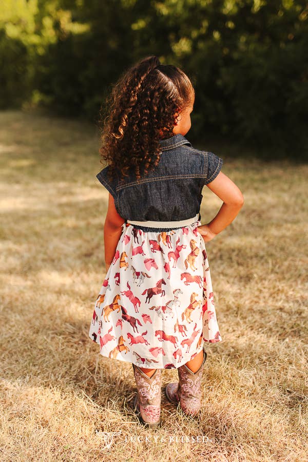 Girls Denim & Horse Printed Dress