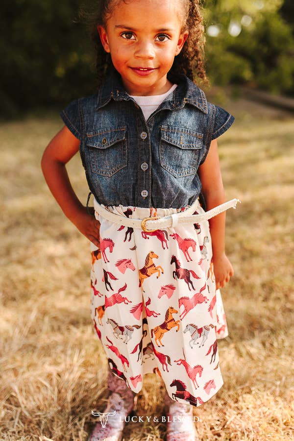 Girls Denim & Horse Printed Dress