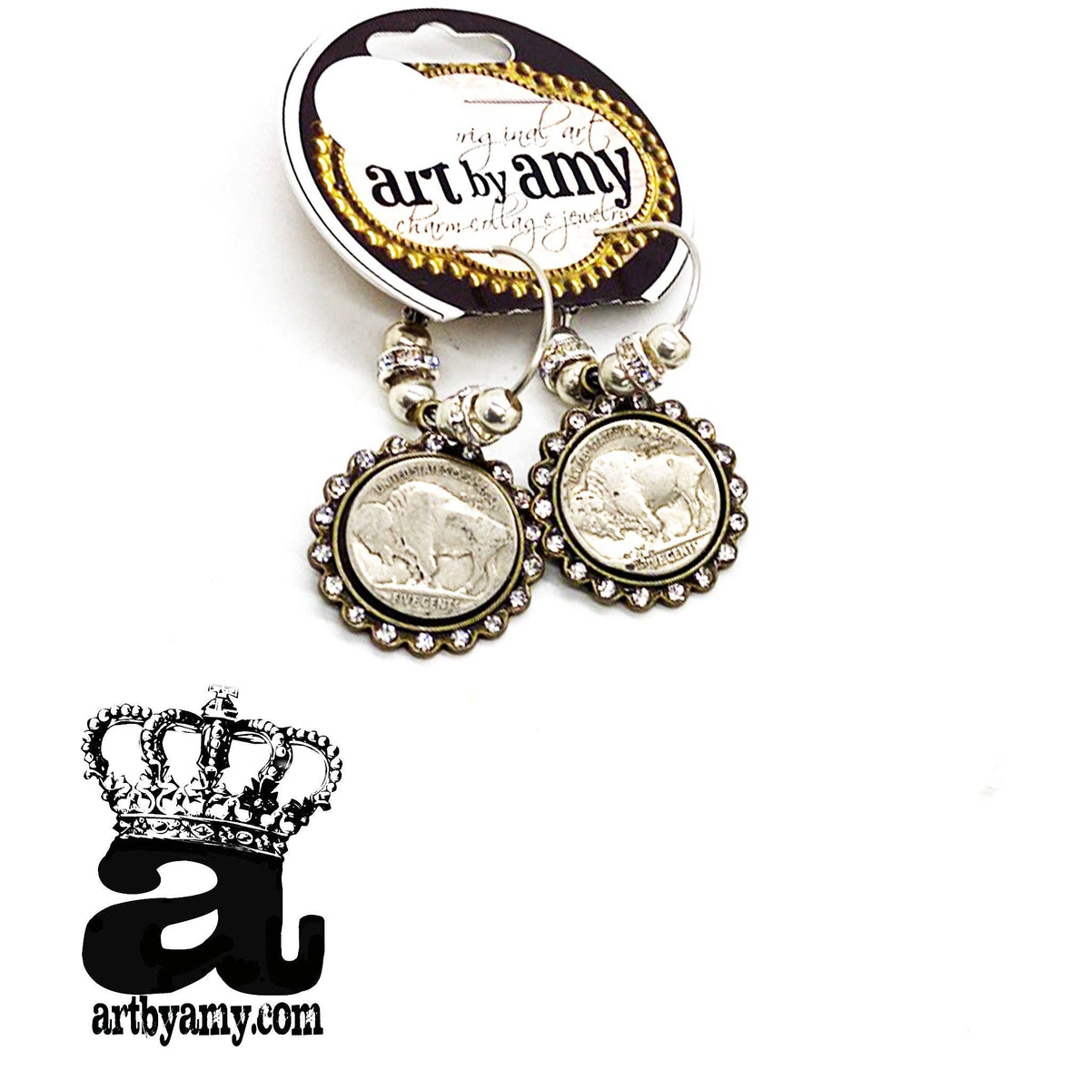 Buffalo Nickel Earrings: Antique brass hoops / 2 Buffalos