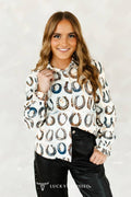 Beige Vintage Horse Shoe Ruffle Collar Long Sleeve Shirt