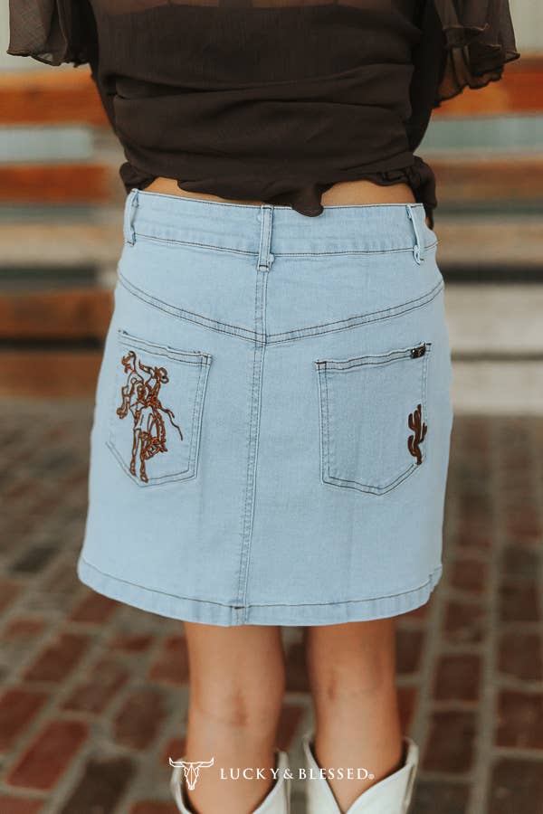 Light Wash Cowboy Embroidered Denim Mini Skirt