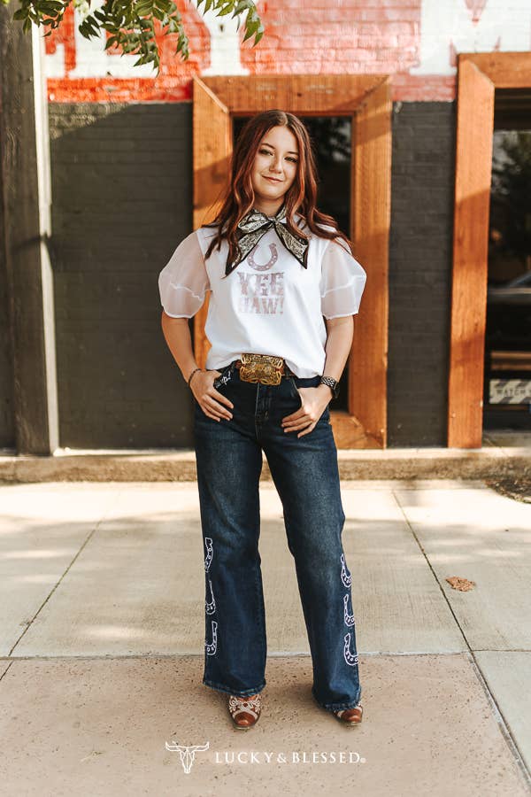 Horse Embroidered High Rise Wide Leg Jeans - Plus Size
