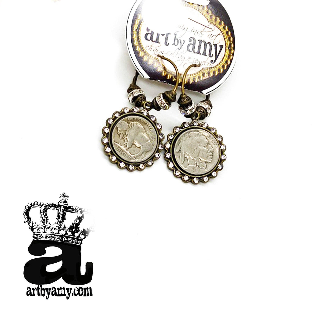 Buffalo Nickel Earrings: Antique brass hoops / 2 Buffalos